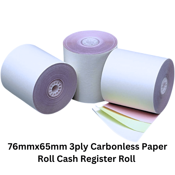 Box of 50 three-ply carbonless paper rolls, measuring 76mm x 65mm