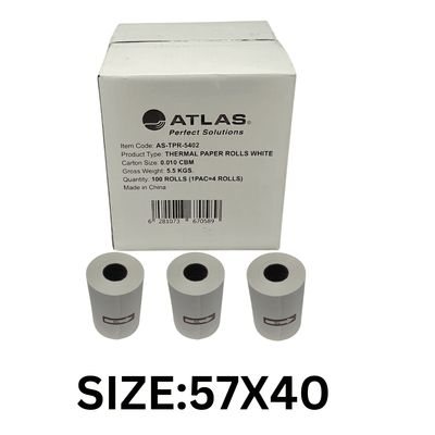 Box of 100 white POS thermal paper rolls by ATLAS, each measuring 57 by 40 millimeters