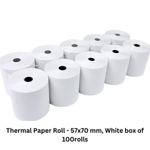 Thermal Paper Roll - 57x70 mm, White box of 100 rolls. Ideal for printing receipts, tickets, and other thermal documents.