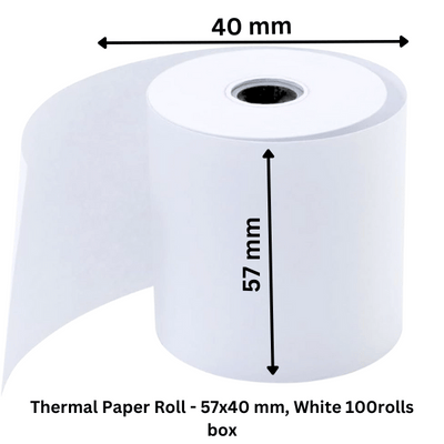 Thermal Paper Roll - 57x40 mm, White 100 rolls box. These compact thermal paper rolls are designed for use in various thermal printing devices such as cash registers, credit card terminals, and receipt printers. 