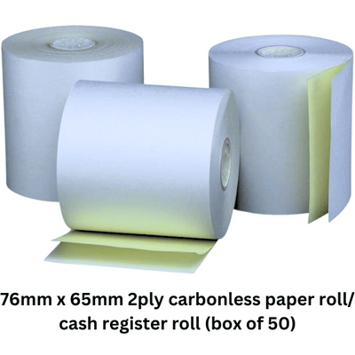 2ply carbonless  paper roll buy online in qatar  Box of 50 rolls of 76mm x 65mm 2-ply carbonless paper rolls for cash registers."