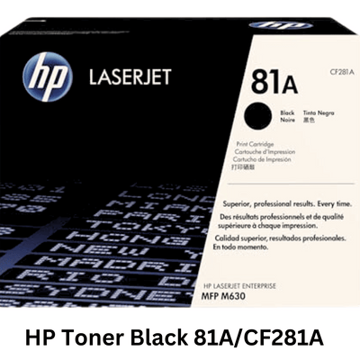 A black HP toner cartridge, model 81A/CF281A, delivering reliable performance and high-quality black prints for professional documents.HP Toner Black 81A/CF281A - Reliable black toner cartridge designed for crisp and professional document printing