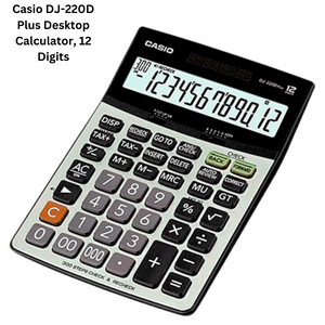 Casio DJ-220D Plus Desktop Calculator featuring 12 Digits, shown against a white backdrop.