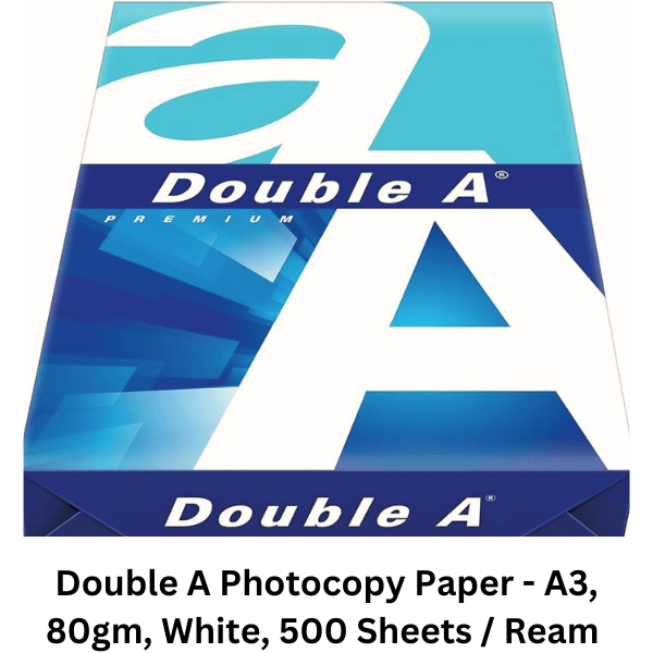 Double A Photocopy Paper - A3 size, 80gsm weight, white color, containing 500 sheets per ream. Ideal for high-quality printing and copying tasks in professional settings