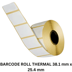 Thermal barcode roll measuring 38.1mm x 25.4mm
