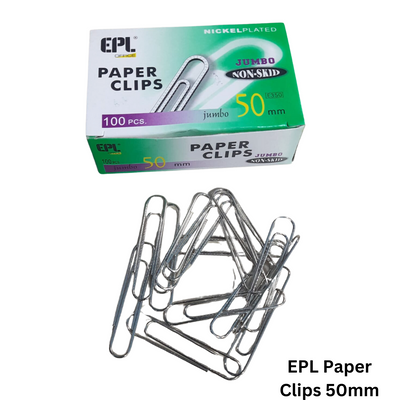 EPL Paper Clips 50mm - A pack of 100 metal paper clips, each measuring 50mm in length, suitable for various paper organization needs.