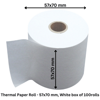 Thermal Paper Roll - 57x70 mm, White box of 100 rolls. Ideal for printing receipts, tickets, and other thermal documents.