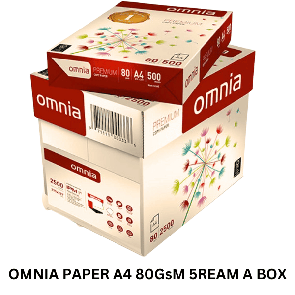 OMNIA PAPER A4 80GsM 5REAM A BOX - YOUTOO TRADING  Enhance your printing tasks with Omnia Paper A4 80gsm 5-Ream Box. This high-quality paper ensures optimal printing results with its smooth texture and reliable performance.
