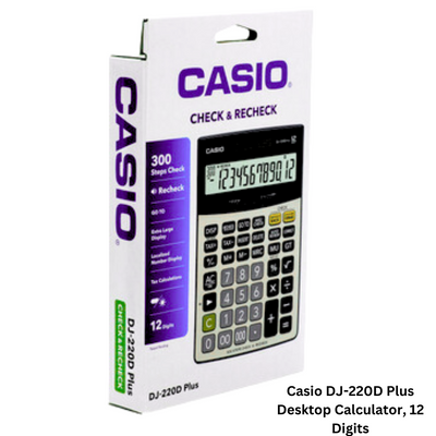 Casio DJ-220D Plus Desktop Calculator featuring 12 Digits, shown against a white backdrop.