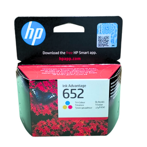 A close-up image of the HP 652 Tri-color Original Ink Advantage Cartridge (F6V24AE) with vibrant colors