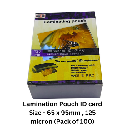 A pack of 100 lamination pouches, ideal for ID card size documents, measuring 65 x 95mm and 125 microns thick, ensuring the protection and longevity of your ID cards.