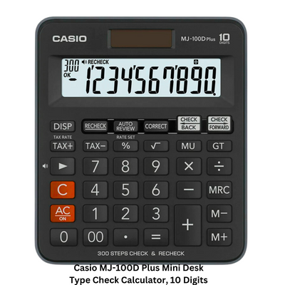 Casio MJ-100D Plus Mini Desk Type Check Calculator with 10 Digits, displayed against a white background.