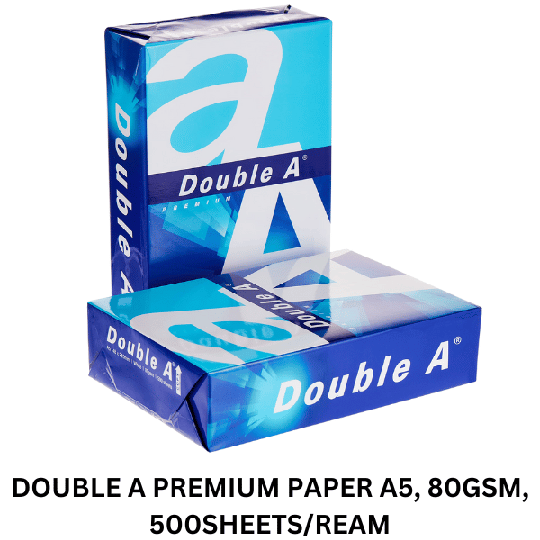 Double A premium paper, A5 size, 80gsm, 500 sheets per ream