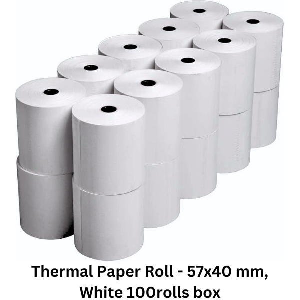 Thermal Paper Roll - 57x40 mm, White 100 rolls box. These compact thermal paper rolls are designed for use in various thermal printing devices such as cash registers, credit card terminals, and receipt printers. 
