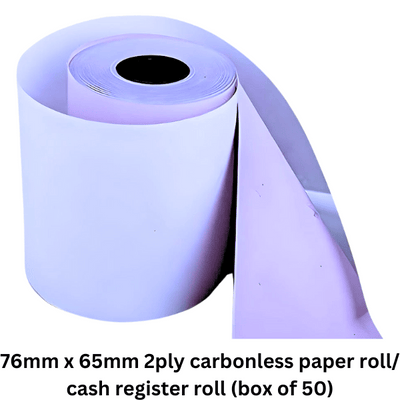 Box of 50 rolls of 76mm x 65mm 2-ply carbonless paper rolls for cash registers."