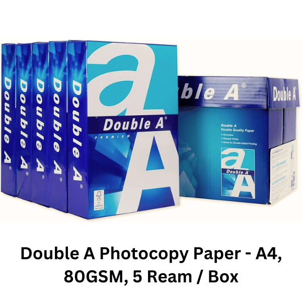 Buy online in qatar  Double A Paper A4, 80 GSM, 5 Ream Box - Premium quality paper suitable for printing, copying, and other office needs. Ideal for businesses and individuals in Qatar seeking reliable stationery supplies.