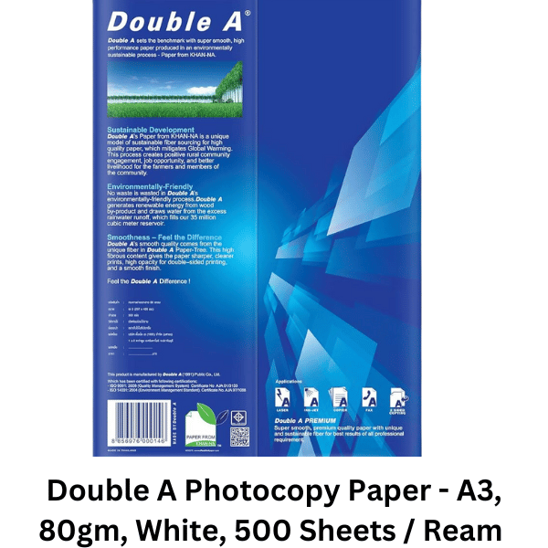 Double A Photocopy Paper - A3 size, 80gsm weight, white color, containing 500 sheets per ream. Ideal for high-quality printing and copying tasks in professional settings