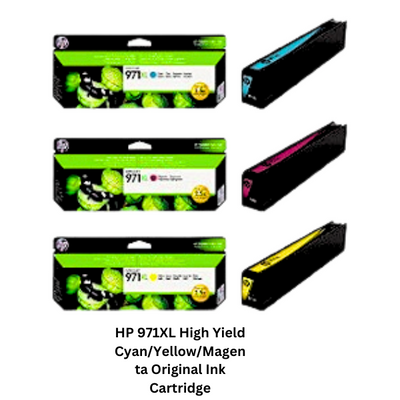 HP 971XL High Yield Cyan/Yellow/Magenta Original Ink Cartridge - Genuine HP ink cartridges providing vibrant colors and reliable performance for professional-quality prints