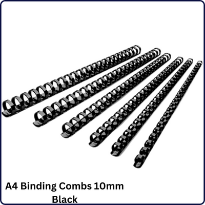 Image of A4 Binding Combs in 10mm size, available in black, blue, and white colors. Each box contains 100 pieces, ideal for binding A4-sized documents professionally and securely