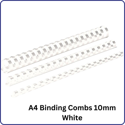 Image of A4 Binding Combs in 10mm size, available in black, blue, and white colors. Each box contains 100 pieces, ideal for binding A4-sized documents professionally and securely