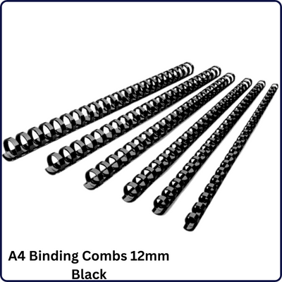  Image of A4 Binding Combs in 12mm size, available in black, blue, and white colors. Each box includes 100 combs, ideal for securely binding A4-sized documents with ease.