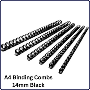 Image of A4 Binding Combs in 14mm size, available in black, blue, and white colors. Each box contains 100 durable combs, perfect for securely binding A4-sized documents.