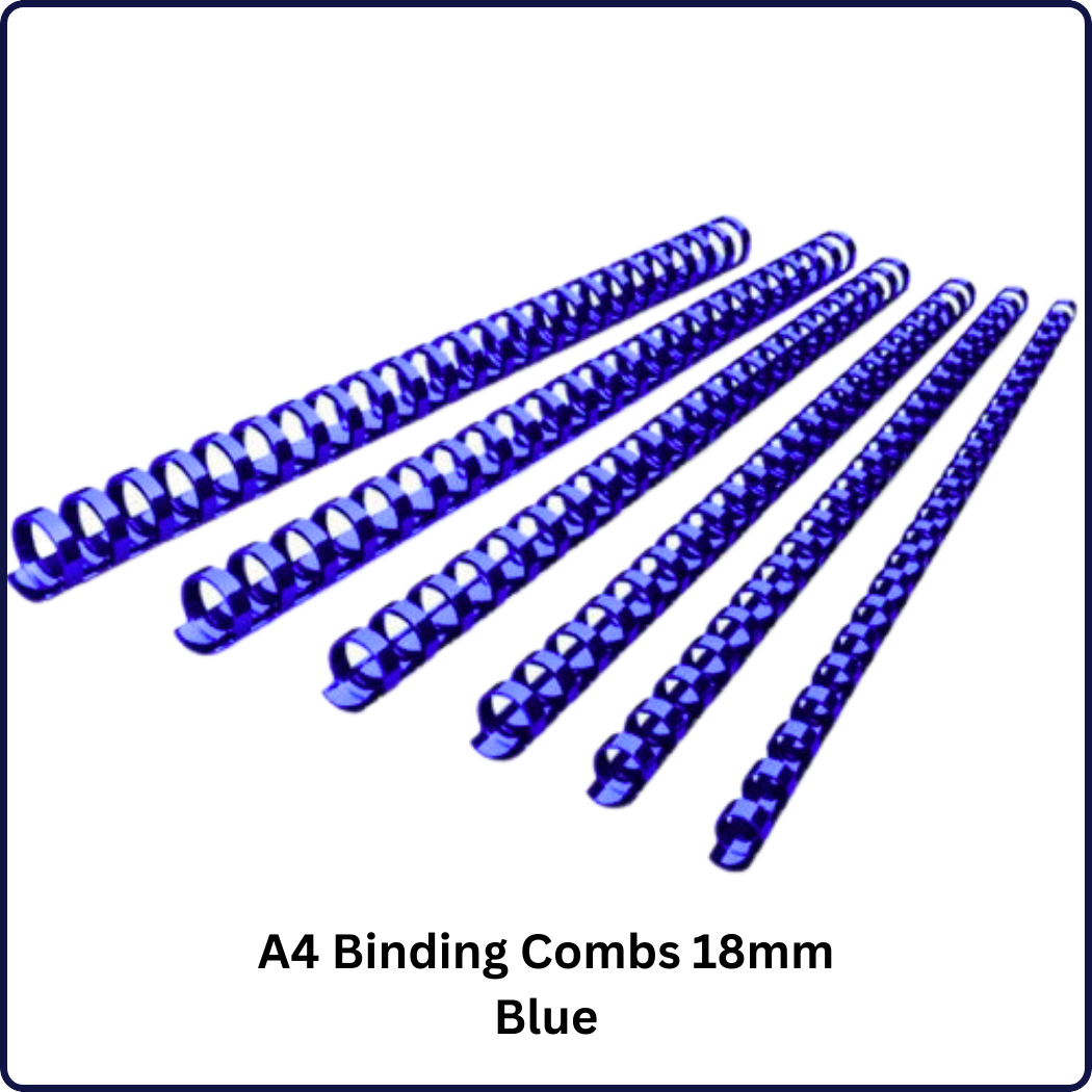 Image of A4 Binding Combs in 18mm size, available in black, blue, and white colors. Each box contains 100 durable combs, perfect for securely binding A4-sized documents.