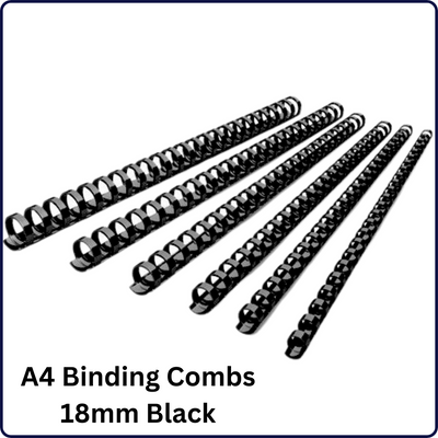 Image of A4 Binding Combs in 18mm size, available in black, blue, and white colors. Each box contains 100 durable combs, perfect for securely binding A4-sized documents.