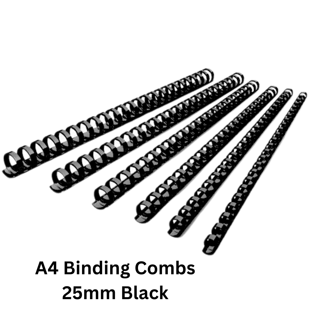 A pack of black A4 binding combs, 25mm size, ideal for document organization and manual binding.