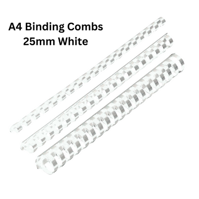 A pack of white A4 binding combs, 25mm size, perfect for organizing documents and presentations. Contains 50 pieces per box.