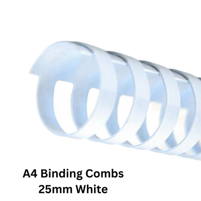 A pack of white A4 binding combs, 25mm size, perfect for organizing documents and presentations. Contains 50 pieces per box.