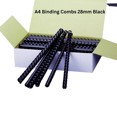 A pack of black A4 binding combs, 28mm size, made from durable PVC material. Each box contains 50 pieces for reliable and professional document binding.