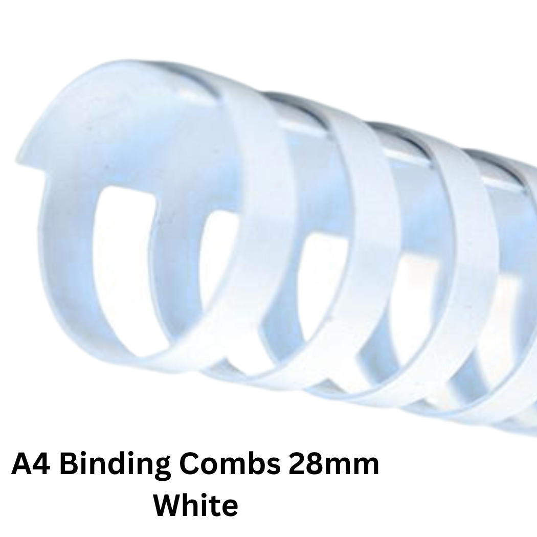 A pack of white A4 binding combs, 28mm size, made from durable PVC material. Each box contains 50 pieces for secure and professional document binding.