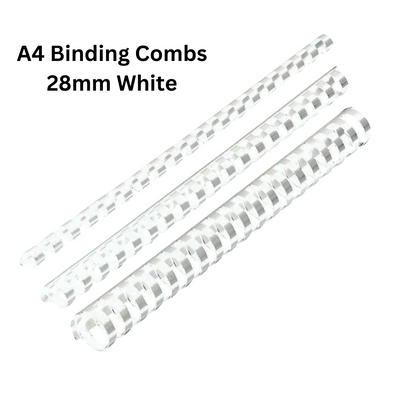 A pack of white A4 binding combs, 28mm size, made from durable PVC material. Each box contains 50 pieces for secure and professional document binding.