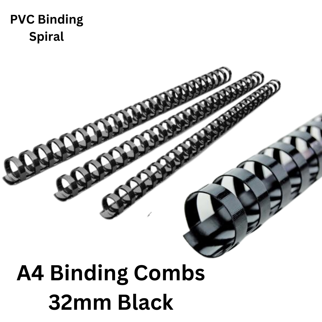 A pack of black A4 binding combs, 32mm size, crafted from durable PVC material. Each box contains 50 combs for secure and professional document binding.