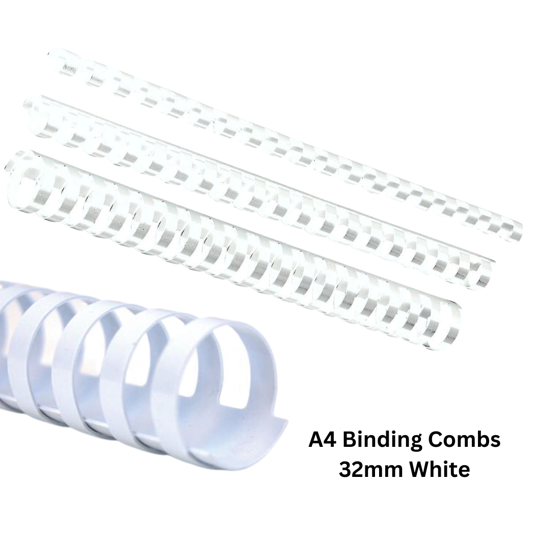 A pack of white A4 binding combs, 32mm size, crafted from durable PVC material. Each box contains 50 combs for secure and elegant document binding.