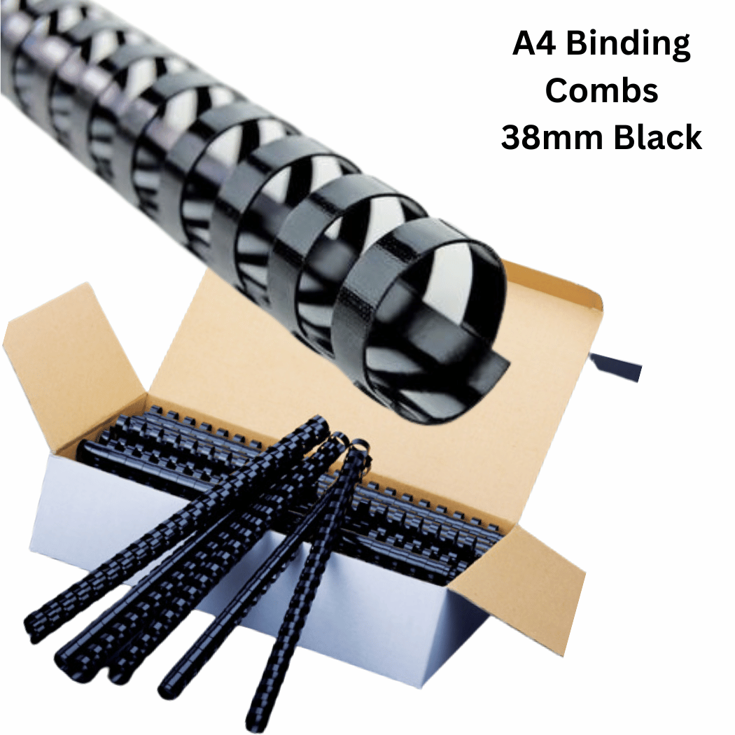 A pack of black A4 binding combs, 38mm size, made from durable PVC material. Each box contains 50 combs for secure and professional document binding.