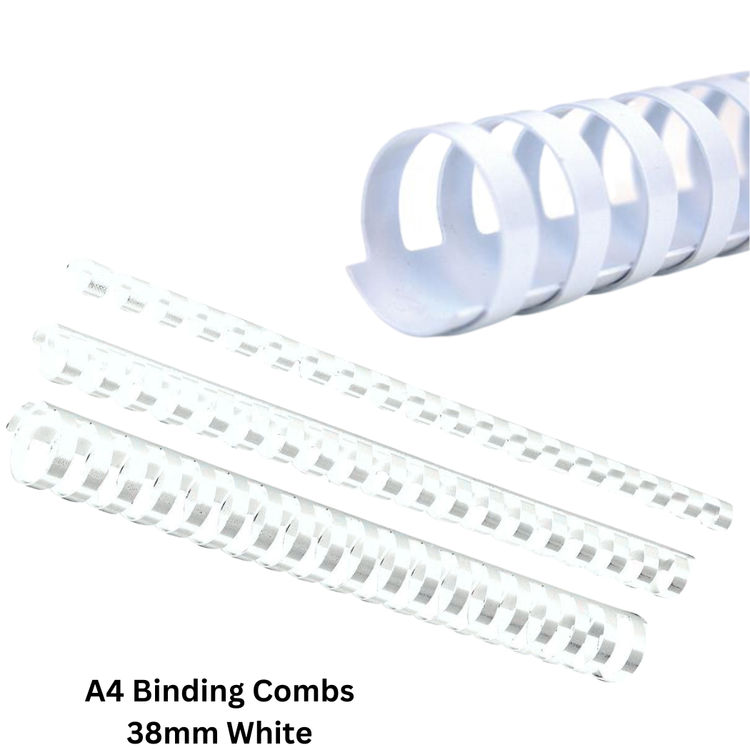 A pack of white A4 binding combs, 38mm size, made from durable PVC material. Each box contains 50 combs for secure and professional document binding.