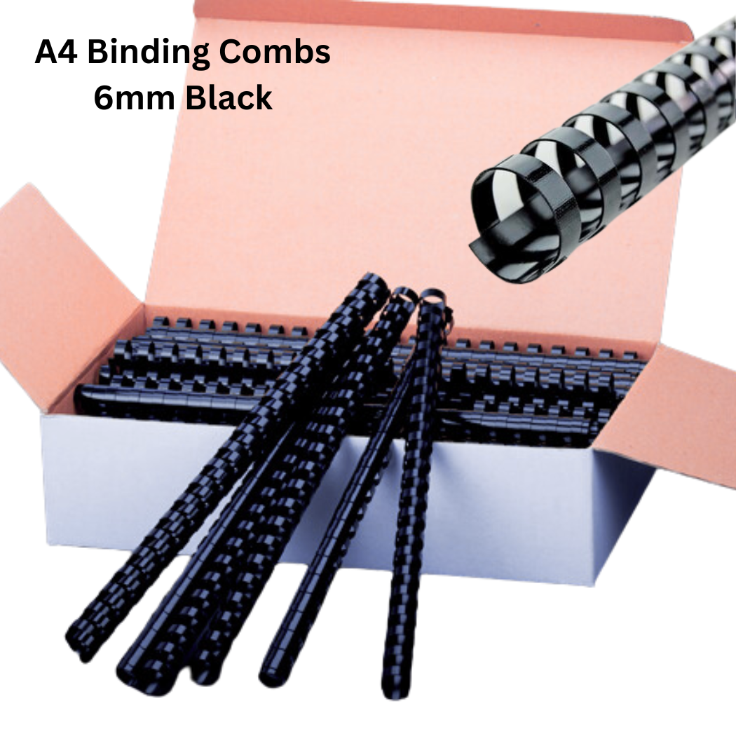  Image of A4 Binding Combs in 6mm size and black color. Pack contains 100 pieces, ideal for office use, presentations, and reports
