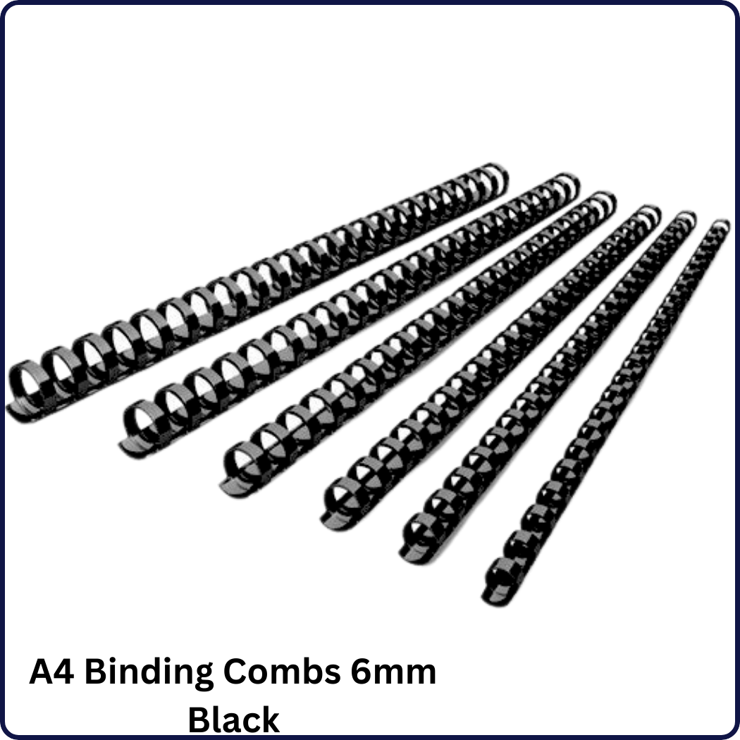Image of A4 Binding Combs in 6mm size, available in black, blue, and white colors. Each box contains 100 pieces, suitable for binding A4-sized documents with ease and durability.