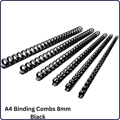 Image of A4 Binding Combs in 8mm size, available in black, blue, and white colors. Each box contains 100 pieces, ideal for securely binding A4-sized documents with a professional finish.