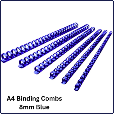 Image of A4 Binding Combs in 8mm size, available in black, blue, and white colors. Each box contains 100 pieces, ideal for securely binding A4-sized documents with a professional finish.