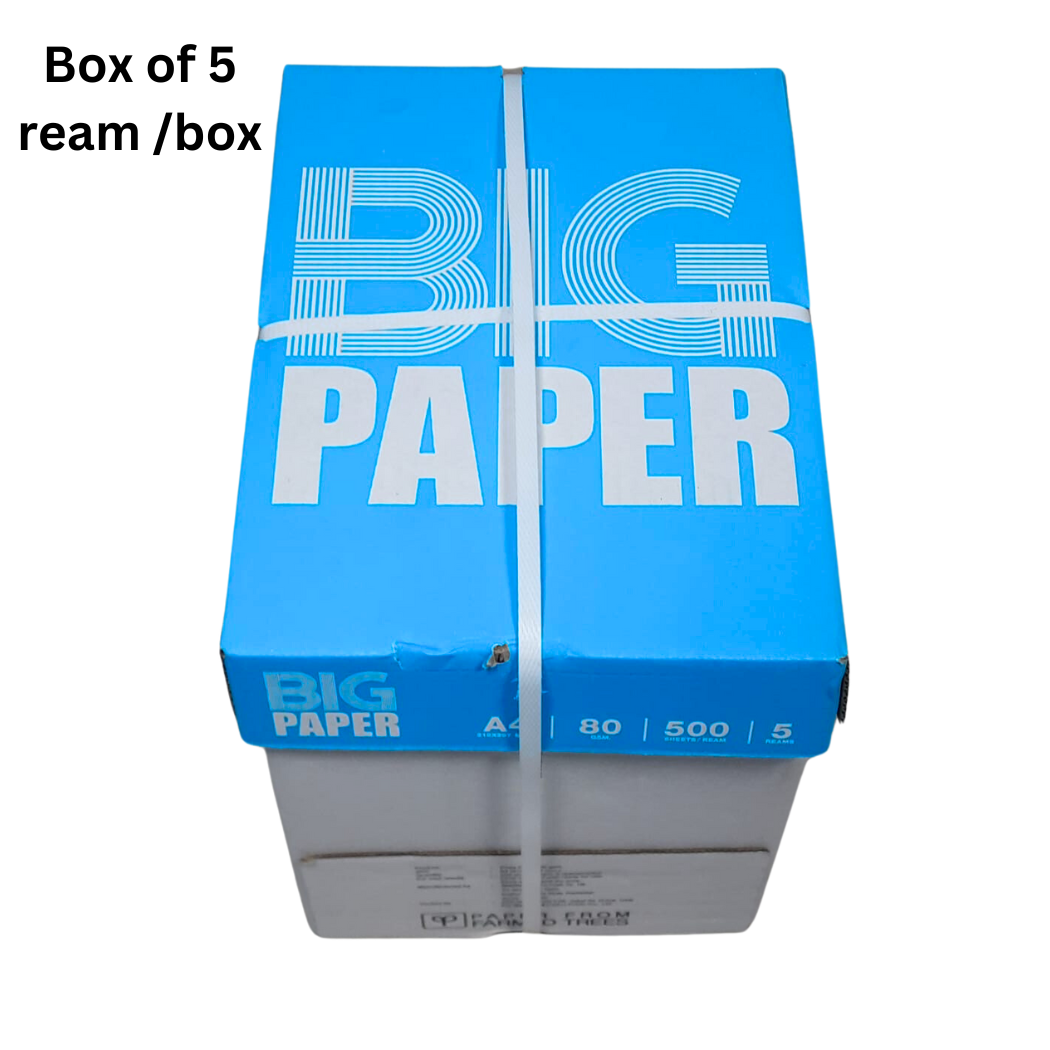 An image of the A4 paper 80gsm Box of 5 reams, showcasing its packaging and brand logo