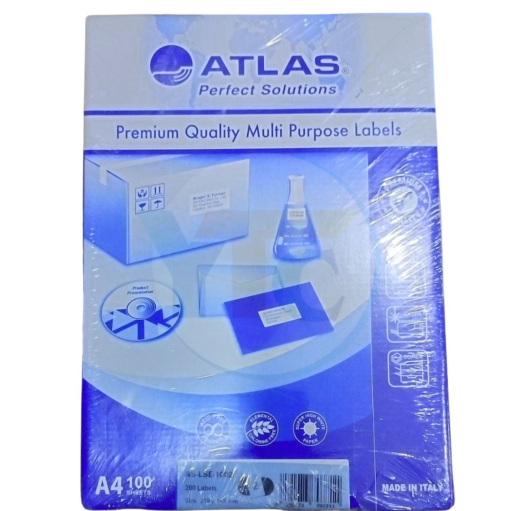 Image displaying a packet of Atlas Premium Quality A4 Labels No.2 AS-LSE 1002, featuring 100 sheets and compatible with inkjet and laser printers.