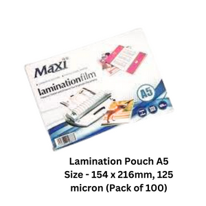 A pack of 100 A5 size lamination pouches, 154 x 216mm in dimension and 125 microns thick, ideal for protecting documents from damage and wear.