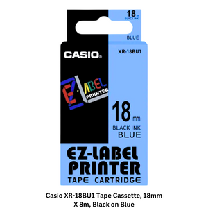 Photo displaying Casio XR-18BU1 Tape Cassette, 18mm X 8m, Black on Blue