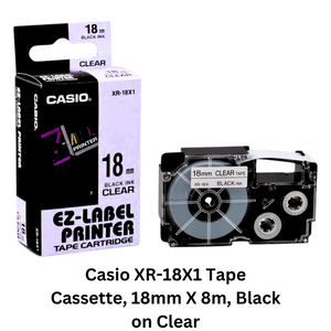 Image featuring Casio XR-18X1 Tape Cassette, 18mm X 8m, Black on Clear