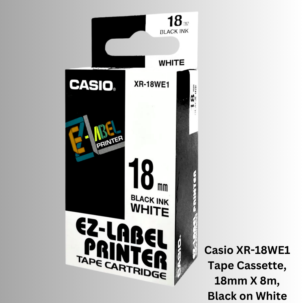Photo of Casio XR-18WE1 Tape Cassette, 18mm X 8m, Black on White