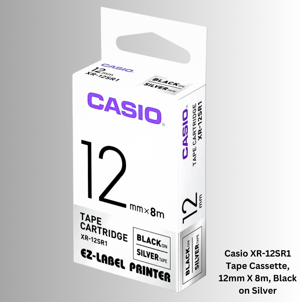 Photo of Casio XR-12SR1 Tape Cassette, 12mm X 8m, Black on Silver