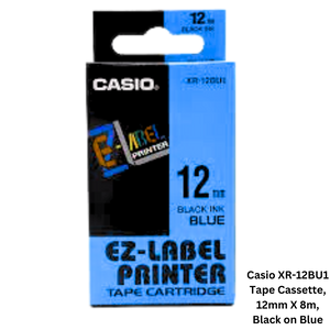 Image of Casio XR-12BU1 Tape Cassette, 12mm X 8m, Black on Blue